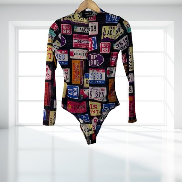 DAY G Retro Y2K License Plate Print Sheer Zipper Bodysuit Leotard - Rare Pop Art - Picture 2 of 13